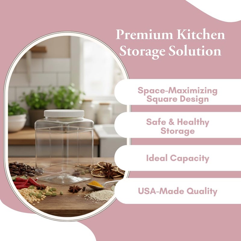 Pride Of India Clear Food Grade PET Plastic Square Grip Storage Jar w/Cap | 48 Fluid Ounces 4-5 Cup Storage Capacity | BPA Free USA Made - Image 5